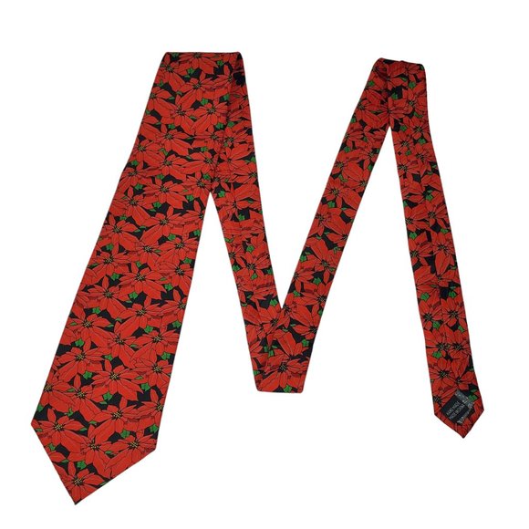 KEITH DANIELS Poinsettia Christmas Holiday Mens Tie Red Green 58.25 x 4" - Picture 4 of 5